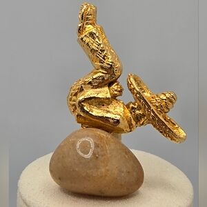 Lucky Gold Tone Sombrero Man Figurine Sitting on Stone Brooch Pin